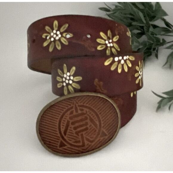 El Cid Embossed Leather Belt Vintage Tooled Brass Belt Buckle Western Rodeo Boho